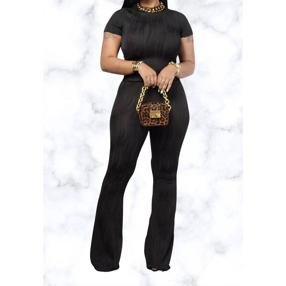 Women’s 2 Piece Set Wavy Textured Top & Wide Leg Pants Set size Large